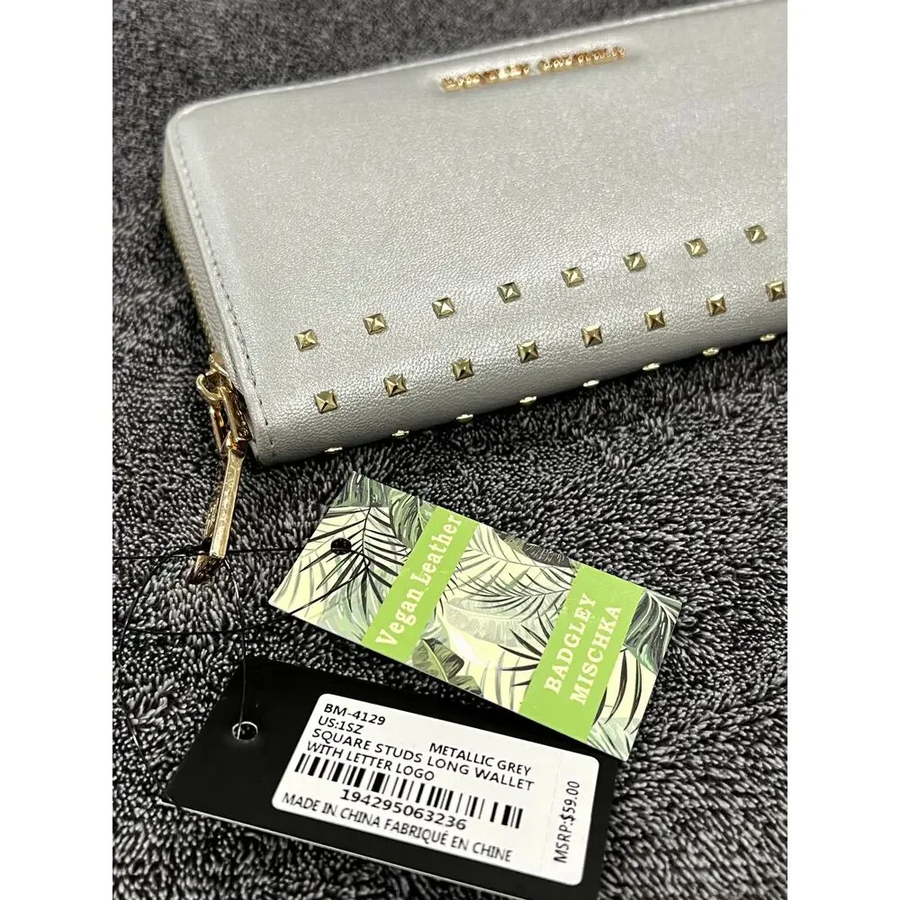 NEW Badgley Mischka Silver Studded Zip around Wallet